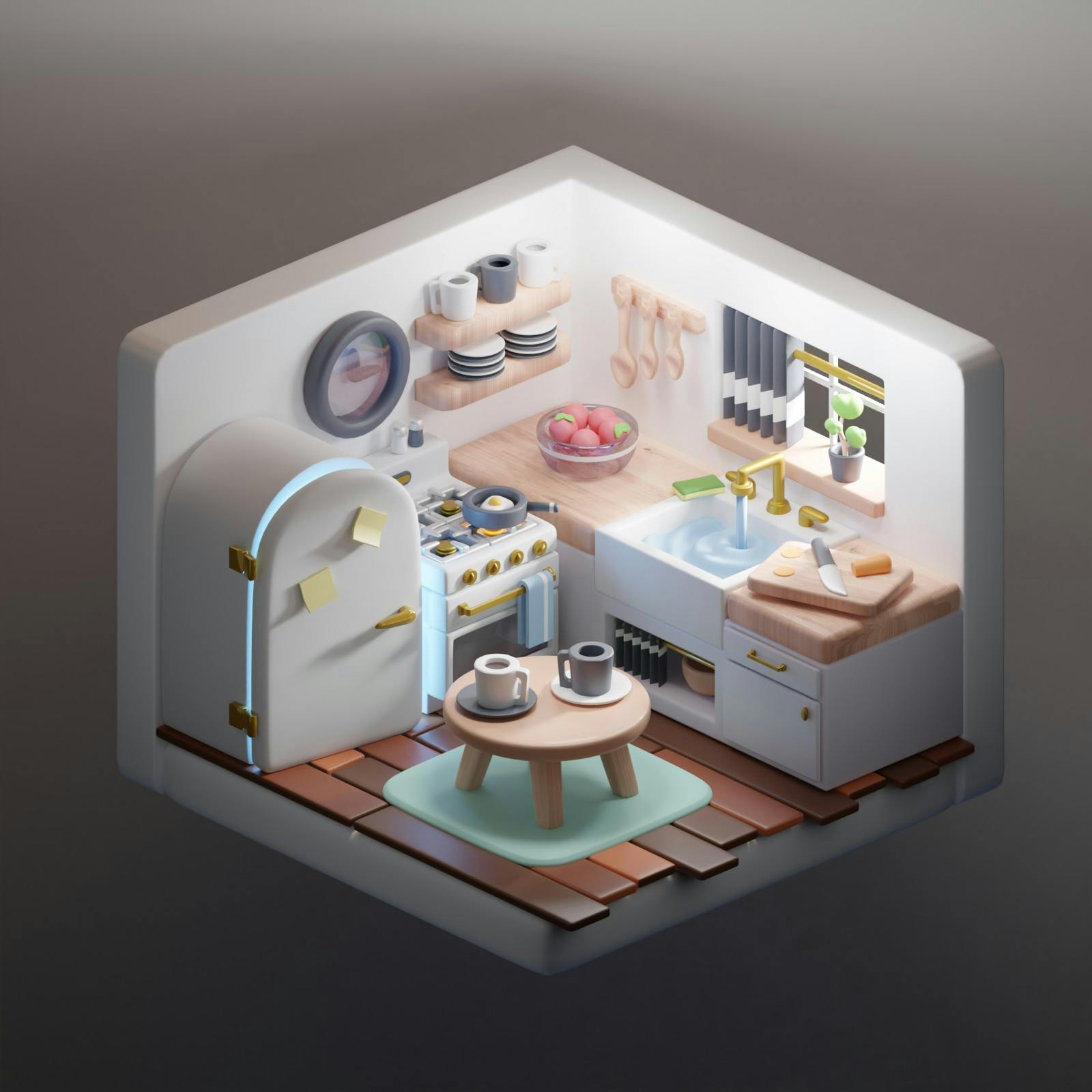 A 3D rendering of an isometric kitchen scene
