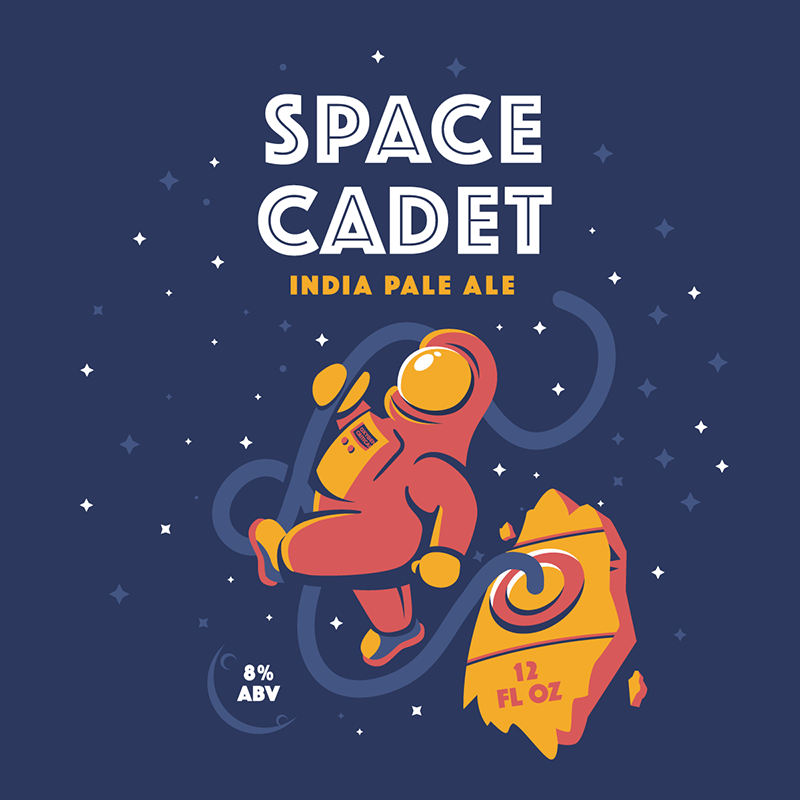 Beer label illustration of an astronaut attached to a broken piece of their ship